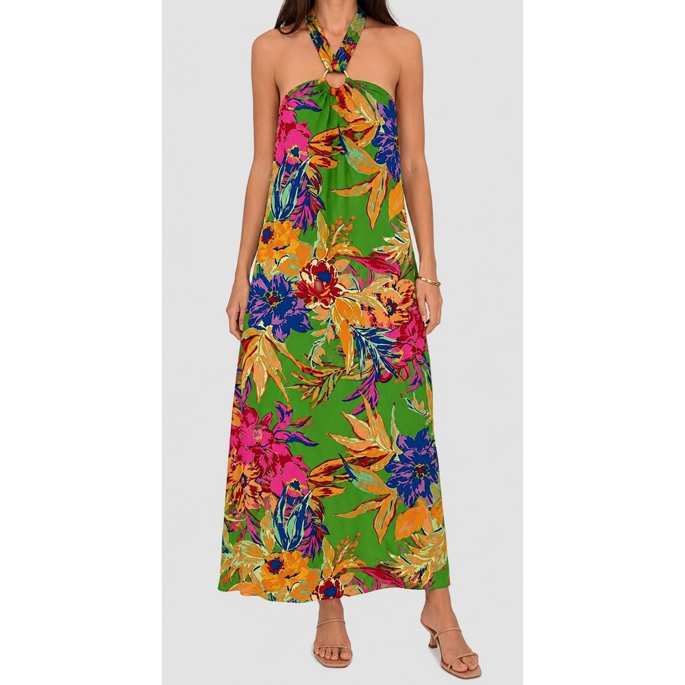 MSK Maxi Dress Women Large Green Floral Halter O-Ring Tropical Summer Vacation